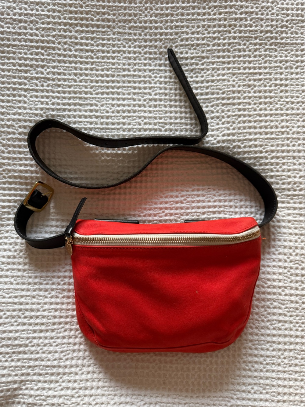 Clare V. Bright Red Nubuck Leather Fanny Pack with Gold Zip and Black Strap